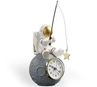 Astronaut Figure Clock for Desktop & Shelf, Battery Operated, Astronaut & Planet Figurine Statue for Office & Kids' Outer Space Themed Bedroom Decor, Decorative Small Table Clock, Fishing Star