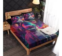 Astronaut Fitted Sheet, Fantasy Space Bed Sheets Small Doule Size, 2 Pillowcase - 30 cm Deep Pocket, Soft Microfiber Patterned Bedding Bedroom Decor - FD215