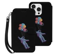 Astronaut Floating with Planet for iPhone 16 Series Wallet Phone Case | Slim Protective Cover with Card Holder Lanyard PU Smartphone Cases