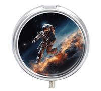Astronaut Flying in Space Pill Case 3 Compartment Portable Pill Box Daily Round Pill Organizer for Pocket Purse Daily Medicine Container to Hold Vitamins Fish Oil Travel Gifts