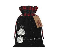 Astronaut Galaxy Trippy Print Plaid Burlap Bag With Drawstring Christmas Burlap Pouches For Birthday Party Favors Gift