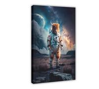 Astronaut Highland Cow, Futuristic Animal, Cow in A Spacesuit, Funny Cowart, Quirky Animal Humor Poster Print for Teen Boys Room Wall Art Canvas Painting Print 20x30inch(50x75cm)