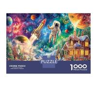 Astronaut in Starry Town 1000 Pieces Jigsaw Puzzle Bundle Sci-Fi Illustration Jigsaw Puzzle Extra-Thick Cardboard Jigsaw Puzzle Collector Mind Relaxation Office Break Travel 52x38cm/1000p