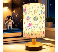 Astronaut Kids Table Lamp, 3-Level Dimmable Bedside LED Light with Linen Fabric Shade Solid Wood Base, Cartoon Space Bedroom Decor Nightstand Lamp, Gift for Boys Girls Nursery Living Room Reading