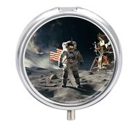 Astronaut Landing on The Moon Pill Box Cute Round Pill Case Portable Medicine Tablet Vitamin Holder Organizer for Purse Pocket