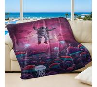 Astronaut Mushroom Nebula Printed Flannel Blanket, Surreal Space Fantasy Soft Cozy Printed Throw Blanket for Sofa Bed, Suitable for Adults Kids Space Travel (01,75x100cm)