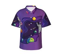Astronaut on Mission in Outer Space Hawaiian Shirts for Men - Casual Mens Short Sleeve Button Down Beach Shirts, Black, Medium