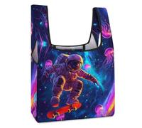 Astronaut on Skateboard Jellyfish Reusable Grocery Bags Shopping Large Capacity Washable Foldable Tote Bag Fits in Pocket