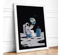 Astronaut on the Moon Modern Framed Wall Art Print A4 (29.7×21cm) White, Wall Decor for Living Room, Bedroom, Office & Home, Ready to Hang, Art Gift