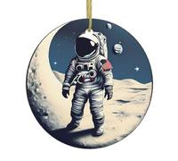 Astronaut on The Moon Print Christmas Tree Ceramic Round Hanging Ornaments,Xmas Decoration Keepsake 2025