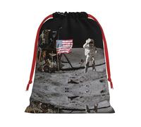 Astronaut On The Moon Printing 11.8x15.8in Drawstring Gift Bag With Red Ribbon Closure For Halloween Xmas,For Adults Gifting