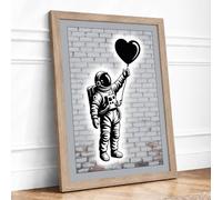 Astronaut Reaching for Love Street Art Framed Wall Art Print A2 (59.4×42cm) Oak, Wall Decor for Living Room, Bedroom, Office & Home, Ready to Hang, Art Gift