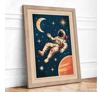 Astronaut Reaching for the Moon Retro Framed Wall Art Print A1 (84.1×59.4cm) Oak, Wall Decor for Living Room, Bedroom, Office & Home, Ready to Hang, Art Gift
