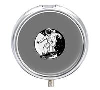 Astronaut Rides on Skateboard Through The Space Black White Retro Iron Pill Box Case Organizer with Internal Separate Plastic Dividers, Travel Small Medicine Bag Holder Carrier Round Container