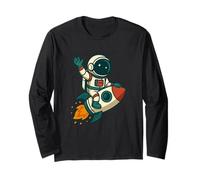 Astronaut Riding Rocket Cartoon Space Design Long Sleeve T-Shirt