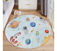 Astronaut Rocket Planet Round Rugs for Living Room 160cm | Light Blue Washable Circle Area Rugs for Bedroom Non Slip, Soft Low Pile Cartoon Watercolor Space Circular Carpet for Dining Room Non-shed