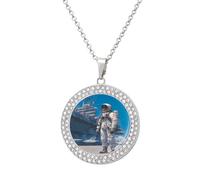 Astronaut Runway Necklace For Women Charm Circle Pendant with Crystals Dainty Jewelry