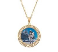 Astronaut Runway Necklace For Women Charm Circle Pendant with Crystals Dainty Jewelry