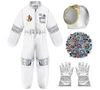 Astronaut Space Costume for Kids with Jumpsuit, Gloves, Helmet, Name Card and 50 Pcs Stickers - Spaceman Role Play Set for Children Boys & Girls 3-4 Years/S