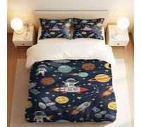 Astronaut Space Rocket Planet Duvet Cover Set, Navy Blue Cartoon Moon Stars Spaceship Bedding, Multi-size Selection No Comforter (02,King 240x220 + 50x75cm)