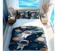 Astronaut Space Rocket Planet Duvet Cover Set, Navy Blue Cartoon Moon Stars Spaceship Bedding, Multi-size Selection No Comforter (03,Single 135x200 + 50x75cm)