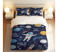Astronaut Space Rocket Planet Duvet Cover Set, Navy Blue Cartoon Moon Stars Spaceship Bedding, Multi-size Selection No Comforter (04,King 240x220 + 50x75cm)