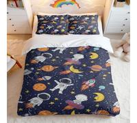 Astronaut Space Rocket Planet Duvet Cover Set, Navy Blue Cartoon Moon Stars Spaceship Bedding, Multi-size Selection No Comforter (01,Double + 50x75cm)
