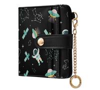 Astronaut Spaceship Black Print Small Women Wallet RFID Blocking PU Leather Bifold Compact Card Holder with Coin Pocket Zipper Purse for Girls Women Ladies