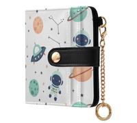 Astronaut Spaceship White Pattern Small Women Wallet Leather RFID Blocking Bifold Compact Card Holder with Zipper Coin Pocket Purse for Girls Ladies Women