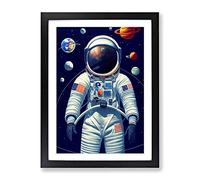 Astronaut With The Planets Framed Print | A3 Black Framed Wall Art | Ready to Hang | Modern Space Picture | Living Room Bedroom Lounge Office