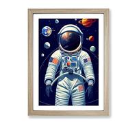 Astronaut With The Planets Framed Print | A4 Oak Framed Wall Art | Ready to Hang | Modern Space Picture | Living Room Bedroom Lounge Office