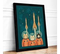 Astronauts and Golden Rockets Mid-Century Framed Wall Art Print A1 (84.1×59.4cm) Black, Wall Decor for Living Room, Bedroom, Office & Home, Ready to Hang, Art Gift