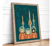 Astronauts and Golden Rockets Mid-Century Framed Wall Art Print A1 (84.1×59.4cm) Oak, Wall Decor for Living Room, Bedroom, Office & Home, Ready to Hang, Art Gift