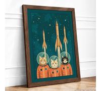 Astronauts and Golden Rockets Mid-Century Framed Wall Art Print A1 (84.1×59.4cm) Walnut, Wall Decor for Living Room, Bedroom, Office & Home, Ready to Hang, Art Gift