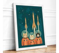 Astronauts and Golden Rockets Mid-Century Framed Wall Art Print A1 (84.1×59.4cm) White, Wall Decor for Living Room, Bedroom, Office & Home, Ready to Hang, Art Gift