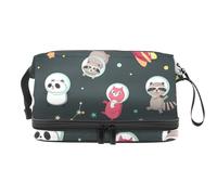 Astronauts Animals on Space Double Layer Cosmetic Bag for Women and Girls, Travel Toiletry Bag Makeup Handy Pouch Organiser Bag with Brush Compartment