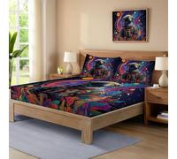 Astronauts Space Print Fitted Sheet for Double Bed, Microfiber Fitted Sheet Abstraction Universe Stripes, Breathable Fade Resistant 135x190cm Bedding Sheets+2 Pillowcases, Deep Pocket 30 cm