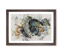 Astronomical Clock in Prague Watercolour Framed Print | A2 Walnut Framed Wall Art | Ready to Hang | Modern Historical Picture | Living Room Bedroom Lounge Office