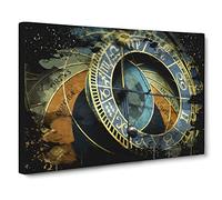Astronomical Clock Prague Czech Republic No.1 Modern CB Canvas Print | Gallery Wrapped 30mm Frame Wall Art | 20x14 inches | Ready to Hang | Modern Picture | Living Room Bedroom Lounge Office