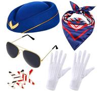 ASTRQLE 5PCS Flight Attendant Costume Accessories Set Womens Air Hostess Uniform Hat Scarf Glove Brooch Glasses for Adults Cabin Crew Cosplay Dress Up Party Halloween Outfit