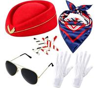 ASTRQLE 5PCS Flight Attendant Costume Accessories Set Womens Air Hostess Uniform Hat Scarf Glove Brooch Glasses for Adults Cabin Crew Cosplay Dress Up Party Halloween Outfit