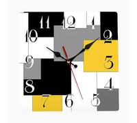 astylishome Clock Silent Non Ticking Abstract Yellow Black Grey Geometric Minimalist Checkered Square Wall Clocks Decor for Home Kitchen Living Room Office Battery Operated 0402