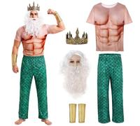 Asuaxy Poseidon Costume for Men Gr od Neptune Halloween Outfit 6 Pcs Blue Green Fish Scale Pants Mermaid Wig Beard Crown