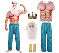 Asuaxy Poseidon Costume for Men Gr od Neptune Halloween Outfit 6 Pcs Blue Green Fish Scale Pants Mermaid Wig Beard Crown