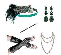 Asudaro 1920s Flapper Set Women's Retro Feather Headband Peacock Headdress Beads Necklace Gloves Cigarette Holder Smoke Bar 20s Bachelor Gatsby Party Costume Accessories Set-1