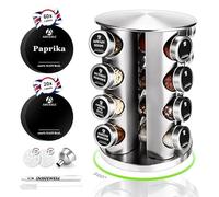 Asueilc 360° Rotating Spice Rack, Condiment Holder with 16 High Transparency Glass Spice Shaker, Seasoning Rack With 80 Labels, Spice Shelf, Convenient Tool for Adjusting Flavors at the Table