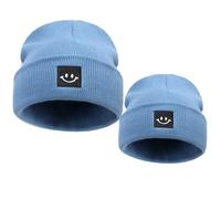 Asufegucd 2Pcs Parent-Child Beanie Hat,Toddler Smile Face Winter Warm Knit Hat,Women Ski Cap for Mother&Baby Boys Girls, Blue, 0-12 Months