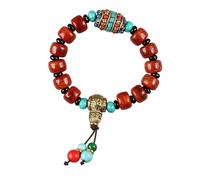 [Asukohu] Elastic Green Turquoise Beads Wrist Bangle with Tibetan Yak Bone and Copper Beads Unisex Wearable Adjustable Buddhist Bead Chain, フリーサイズ