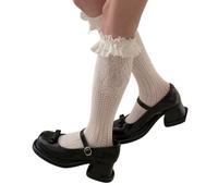 Asukohu Women's Hollowed Fishnets Knee Highs Socks Cute Ruffle Fancy Dress Ruffle Over The Calf Socks Summers Spring Long Tube Women's Fishnet High Stockings, White milk, One Size