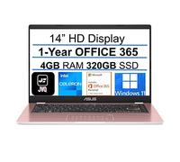 ASUS Newest 14" HD Laptop, Intel Celeron N4020 Processor(up to 2.8GHz), 320GB SSD(64GB eMMC+ 256GB SSD), 4GB RAM, Webcam, Intel HD Graphics, Bluetooth, Win11 S + 1 Year Office 365, Rose Gold, JVQ